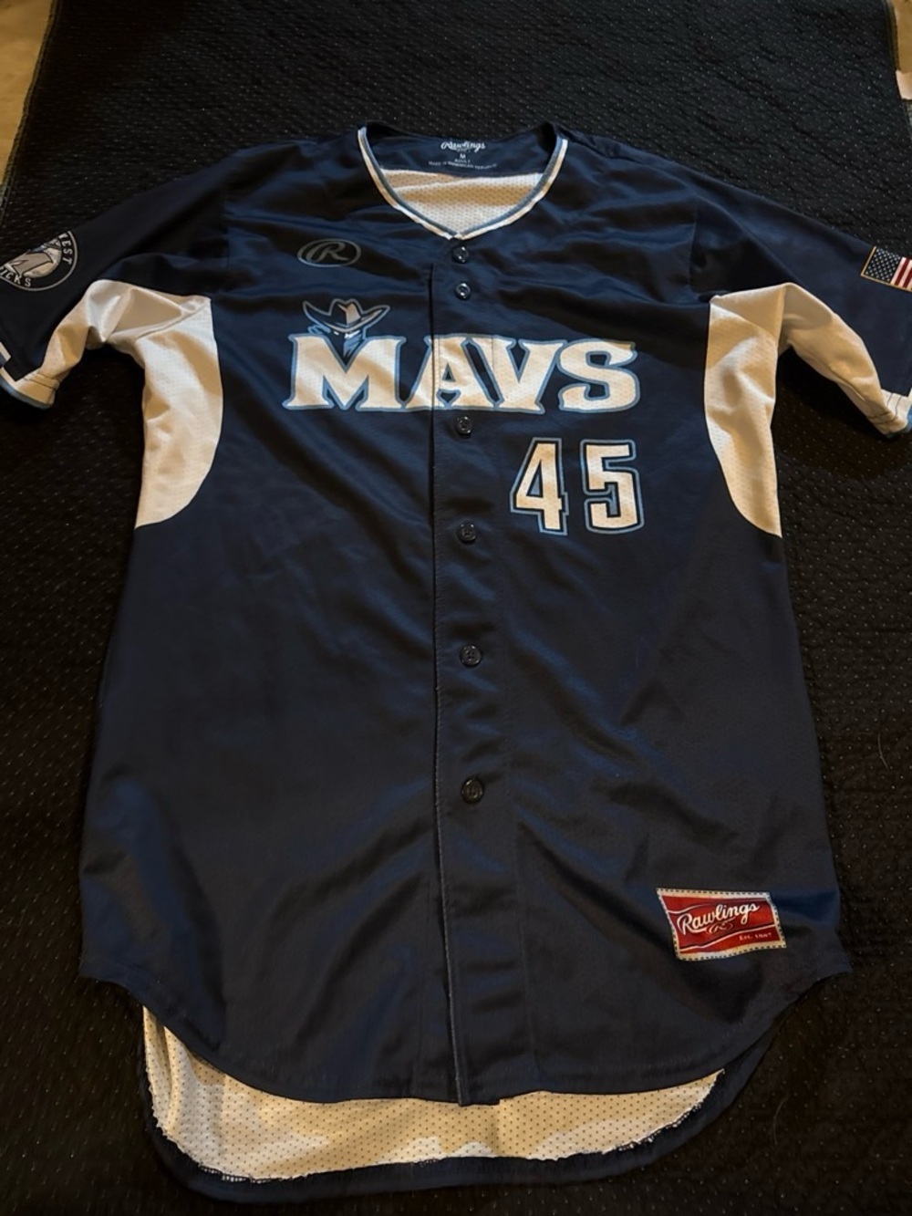 Rawlings Navy and White Mavs #45 Button-Up Baseball Jersey